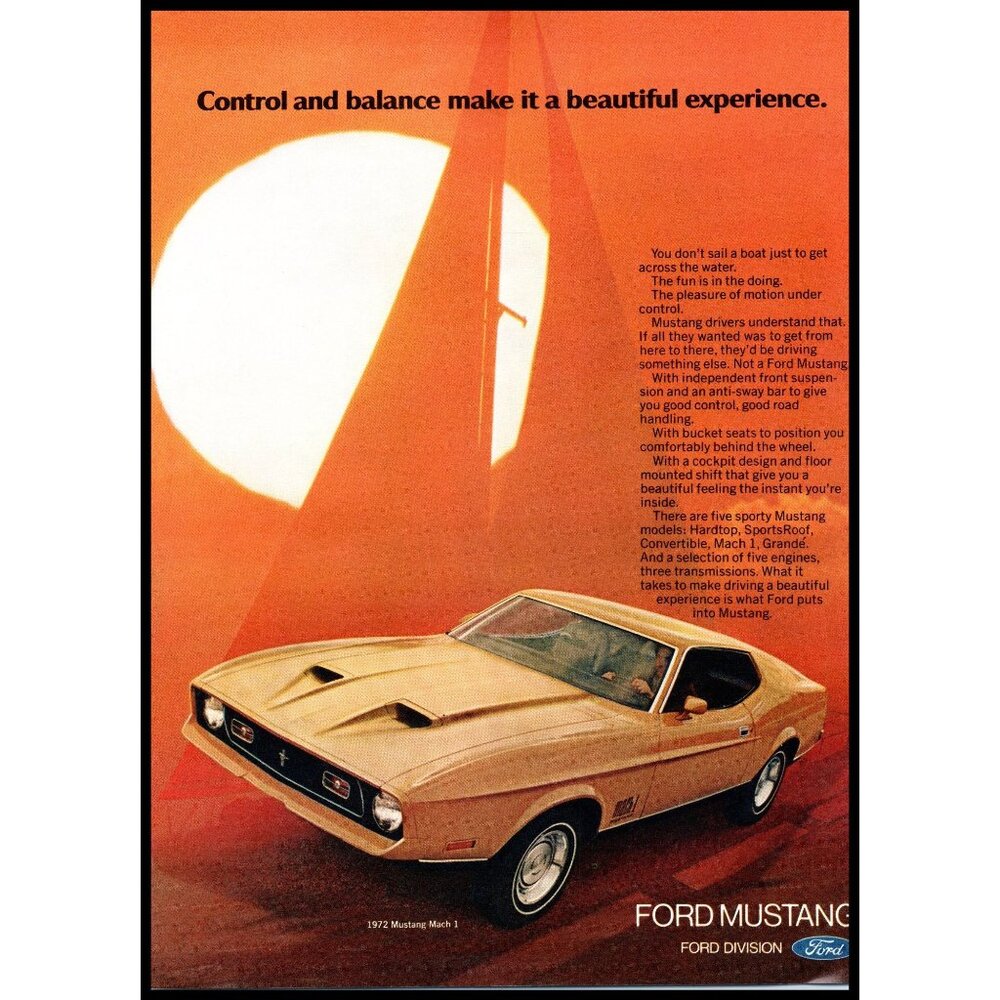 1972 Ford Mustang Mach 1 Vintage Print Ad Sailboat Sunset Muscle Car Wall Art